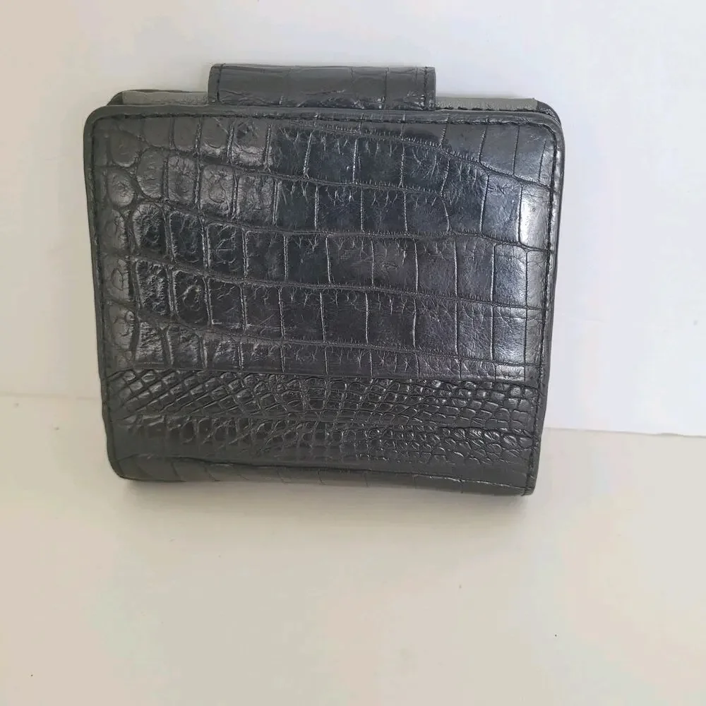 Leather Jewels Leather Wallet Bifold Credit Card Bill Croc Black‎ Small Compact